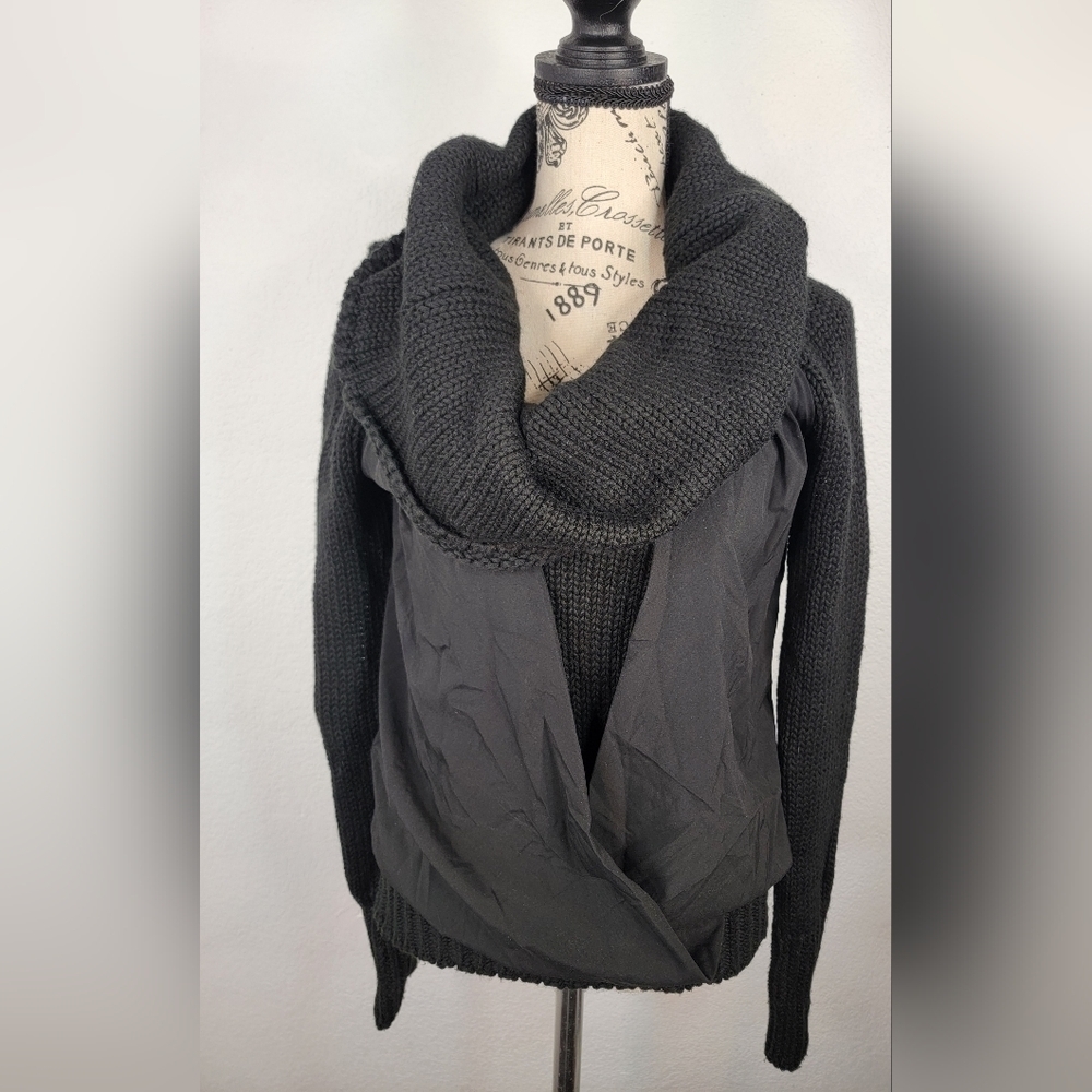 Corson Wool Sweater Sz 0 Cowl Neck Mixed Media Criss-cross Front Heavy Black